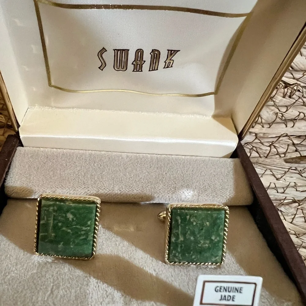 Vintage square Jade Cufflinks, 1950's Swank with box